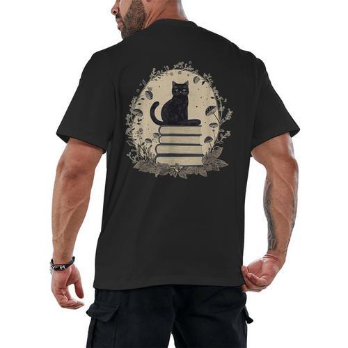 Cute Cat Sitting On Books With Mushrooms Cottage Core Men's Back Print T-Shirt - Bookorys AU