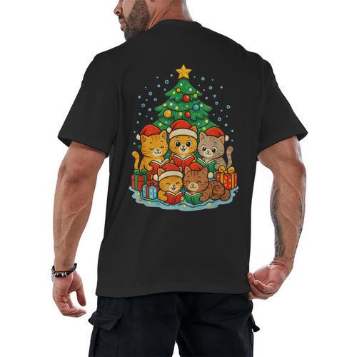 Cute Cats Reading Books Christmas Tree Men's Back Print T-Shirt - Bookorys