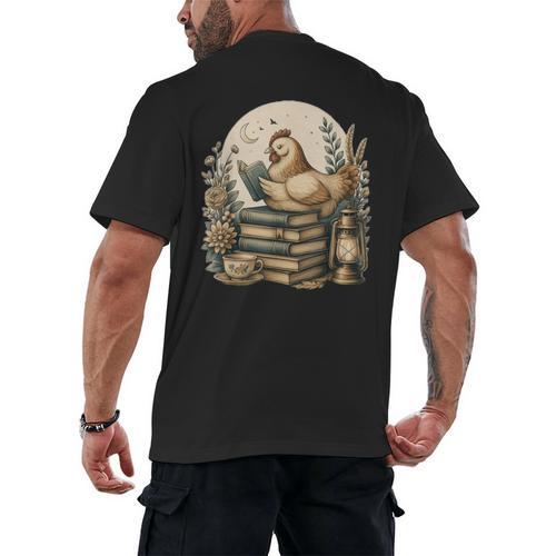 Cute Cottagecore Aesthetic Chicken Reading Book Nerd Men's Back Print T-Shirt - Bookorys DE
