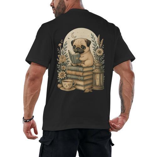 Cute Cottagecore Aesthetic Dog Pug Reading Book Nerd Men's Back Print T-Shirt - Bookorys UK
