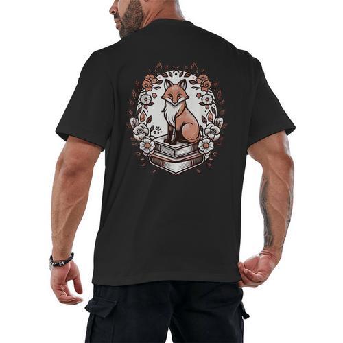 Cute Cottagecore Aesthetic Fox Flowers Book Men's Back Print T-Shirt - Bookorys DE