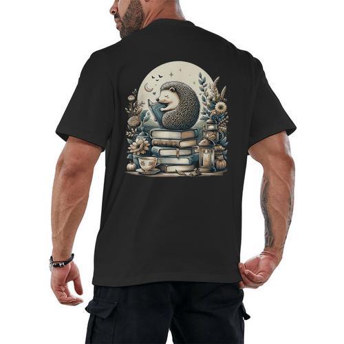 Cute Cottagecore Aesthetic Hedgehog Reading Book Nerd Men's Back Print T-Shirt - Bookorys UK