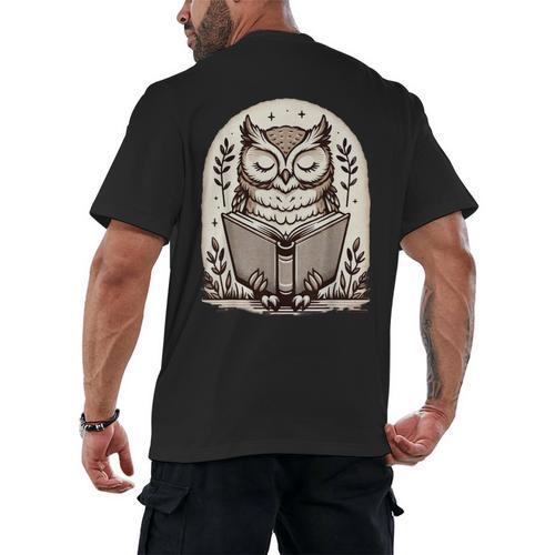 Cute Cottagecore Aesthetic Owl Reading Book Men's Back Print T-Shirt - Bookorys DE