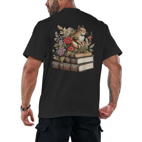Cute Cottagecore Aesthetic Squirrel With Flowers Books Men's Back Print T-Shirt - Bookorys