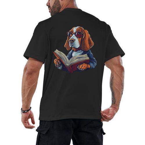 Cute Dog Basset Hound Reading Book Men's Back Print T-Shirt - Bookorys