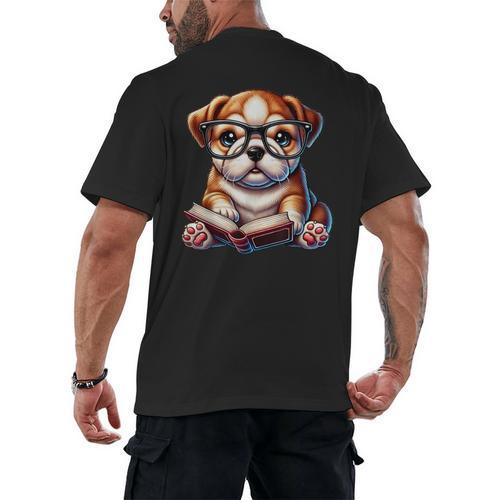 Cute Dog Puppy English Bulldog Reading Book Men's Back Print T-Shirt - Bookorys DE