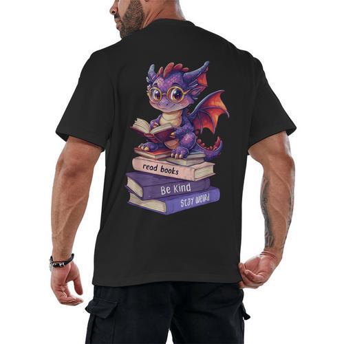 Cute Dragon Read Books Be Kind Stay Weird Book Lover Men's Back Print T-Shirt - Bookorys