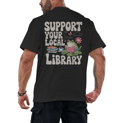Cute Frog Support Your Local Library Librarian Book Lover Men's Back Print T-Shirt - Bookorys