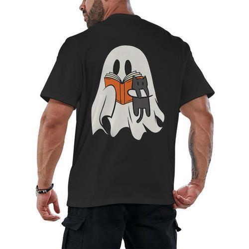 Cute Ghost Cat Reading Book Spooky Season Halloween Costume Men's Back Print T-Shirt - Bookorys