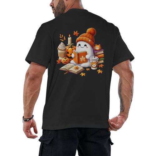 Cute Ghost Reading Book Lovers Halloween Pumpkin Women Girls Men's Back Print T-Shirt - Bookorys CA