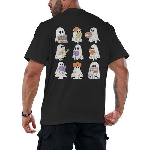 Cute Ghost Reading Books Teacher Halloween Reading Men Women Kids Men's Back Print T-Shirt - Bookorys CA