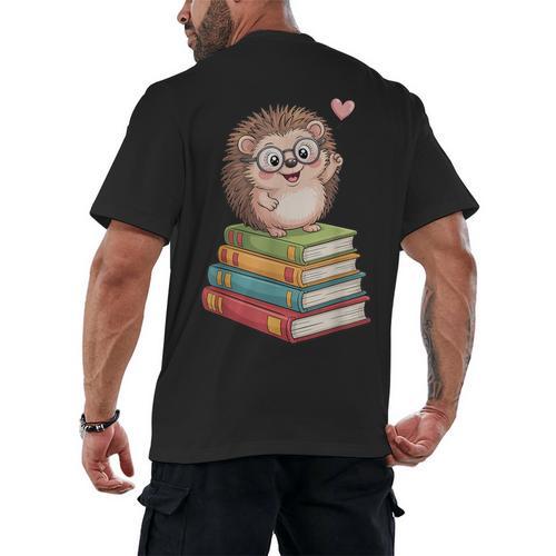 Cute Hedgehog Reading Books Animal Lover Reader Bookworm Men's Back Print T-Shirt - Bookorys