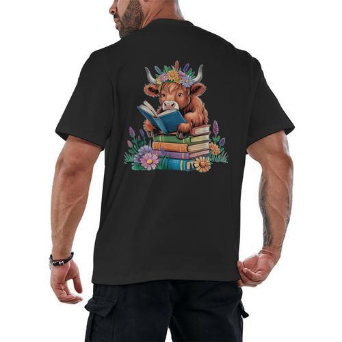 Cute Highland Cow Reading Book Baby Cow Bookworm Men's Back Print T-Shirt - Bookorys