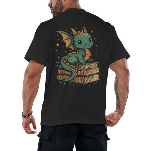 Cute Kawaii Dragon Fantasy Book Lover Book Nerd Men's Back Print T-Shirt - Bookorys AU