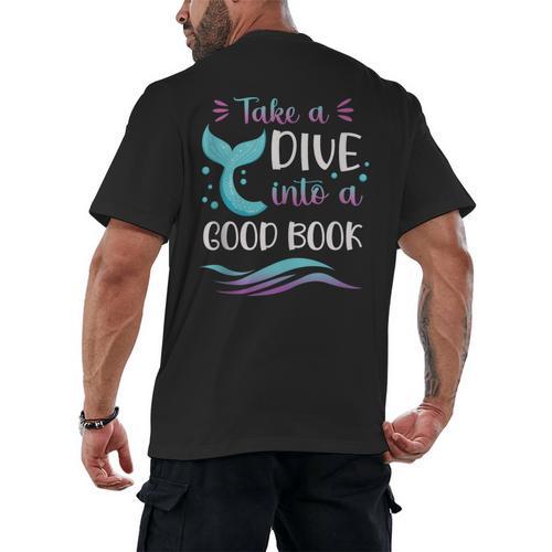 Cute Mermaid Librarian Teacher Dive Into A Good Book Reading Men's Back Print T-Shirt - Bookorys