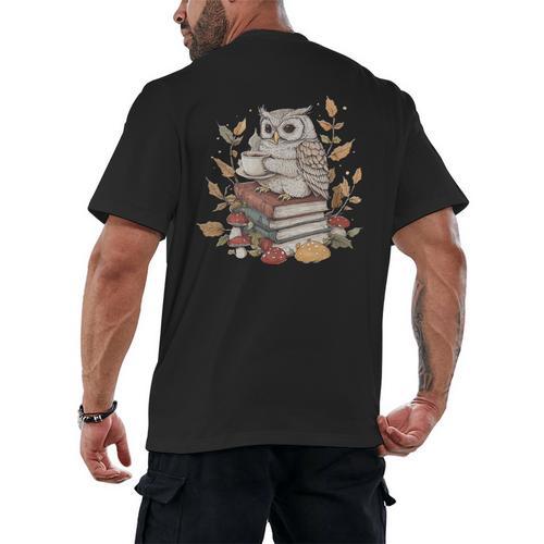Cute Owl Sitting On Books With Coffee Cottage Core Men's Back Print T-Shirt - Bookorys DE