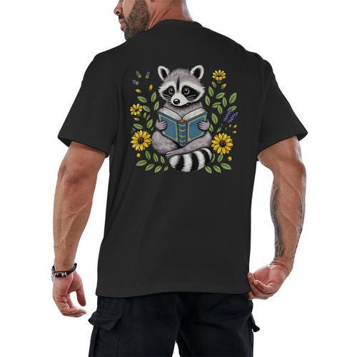 Cute Raccoon Reading Book Flowers Men's Back Print T-Shirt - Bookorys UK