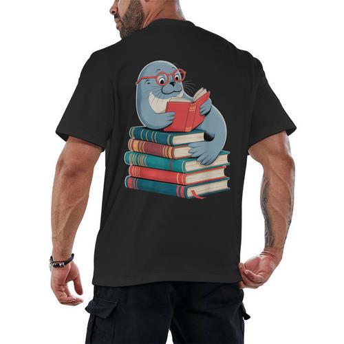 Cute Reading Seal On Books Book Lover Men's Back Print T-Shirt - Bookorys