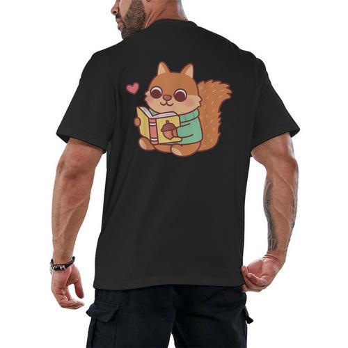 Cute Squirrel Reading A Book Lovers Anime Kawaii Women Kids Men's Back Print T-Shirt - Bookorys