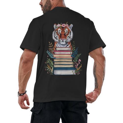 Cute Tiger With Book Floral Bookworm Librarian Book Lover Men's Back Print T-Shirt - Bookorys DE