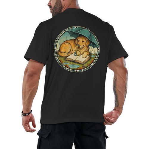 Dog Reading Book Rain Cozy Umbrella Cute Art Men Men's Back Print T-Shirt - Bookorys