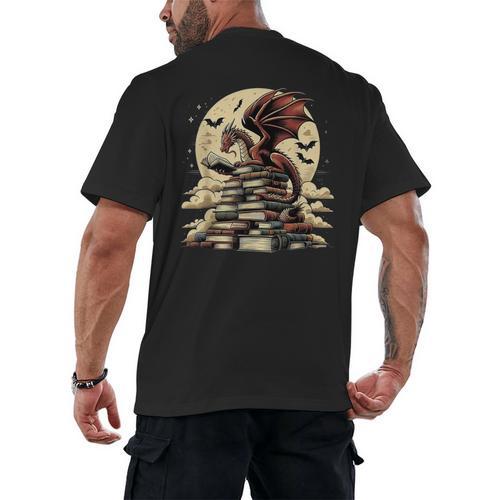 Dragon Reading a Book Dragons And Books Lover Bookworm Men's Back Print T-Shirt - Bookorys