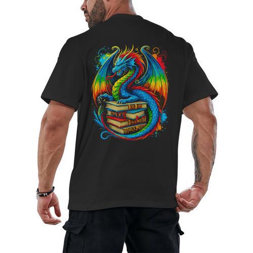 Dragon Reading Colorful Fantasy Book Lover Men's Back Print T-Shirt - Bookorys UK