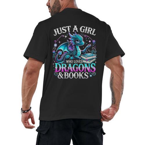 Dragon Reading Just A Girl Who Loves Dragons And Books Men's Back Print T-Shirt - Bookorys