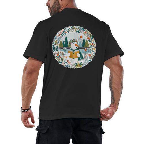 Duck Wilderness Book Reading Illustration Floral Men's Back Print T-Shirt - Bookorys