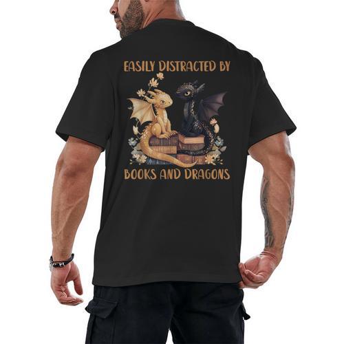 Easily Distracted By Books & Dragons Librarian Book Lover Men's Back Print T-Shirt - Bookorys