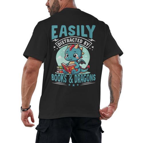Easily Distracted By Books And Dragons Nerds Men's Back Print T-Shirt - Bookorys DE