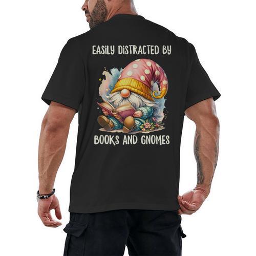 Easily Distracted By Books And Gnomes Book Reading Gnome Men's Back Print T-Shirt - Bookorys