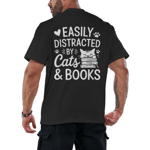 Easily Distracted By Cats And Books Reading Apparel Men's Back Print T-Shirt - Bookorys AU