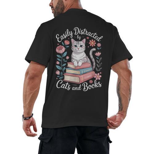 Easily Distracted By Cats And Books Reading Men's Back Print T-Shirt - Bookorys