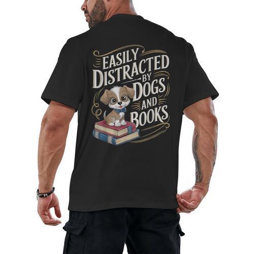 Easily Distracted By Dogs And Books Reader Animal Dog Men's Back Print T-Shirt - Bookorys CA