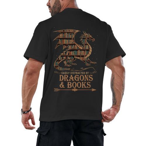 Easily Distracted By Dragons And Books Library Dragon Lover Men's Back Print T-Shirt - Bookorys