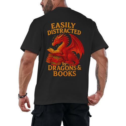 Easily Distracted By Dragons And Books Reading Men's Back Print T-Shirt - Bookorys