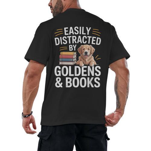 Easily Distracted By Goldens & Books Golden Retriever Dog Men's Back Print T-Shirt - Bookorys DE