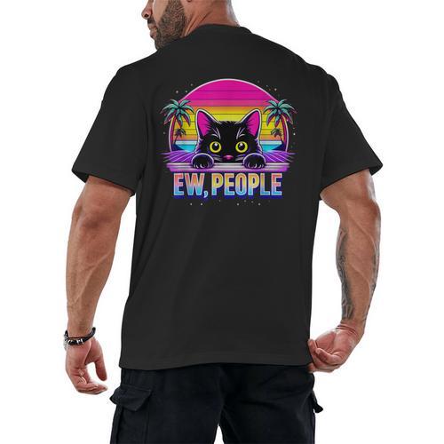 Ew Cat Misanthrope Introvert Synthwave 80s Men's Back Print T-Shirt - Raresse