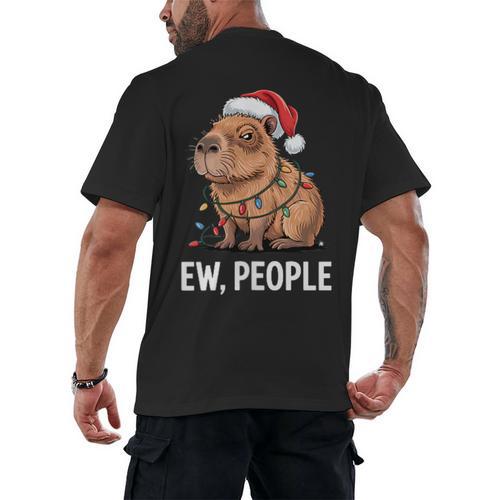 Ew People Capybara Christmas Lights Introvert Humor Men's Back Print T-Shirt - Raresse