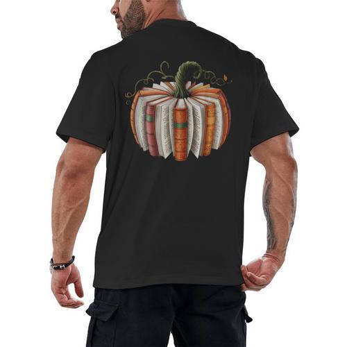 Fall Book Pumpkin Halloween Teacher Librarian Thanksgiving Men's Back Print T-Shirt - Bookorys DE