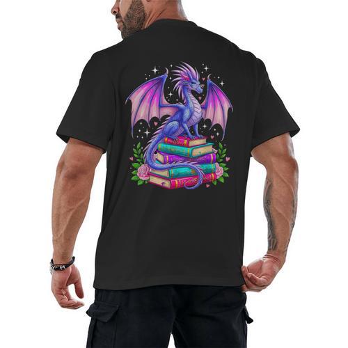 Fantasy Dragon Reading Books Bookworm Men's Back Print T-Shirt - Bookorys