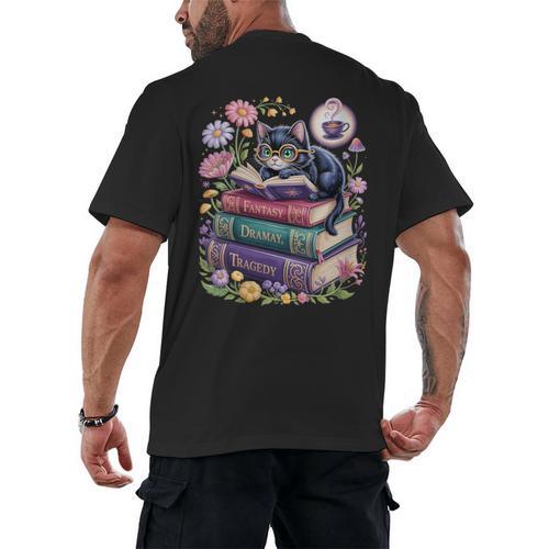 Fantasy Drama Tragedy Cute Cat Book Lover Readers Librarians Men's Back Print T-Shirt - Bookorys CA