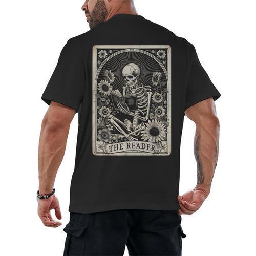 Floral The Reader Tarot Card Skeleton Reading Book Men's Back Print T-Shirt - Bookorys