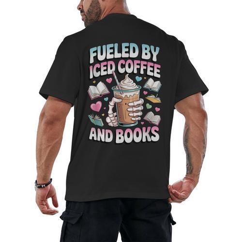 Fueled By Iced Coffee And Books Book Lover Retro Men's Back Print T-Shirt - Bookorys DE