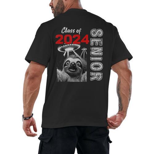 Fun Trendy UFO Sloth Graduation Class Of 2024 Senior Men's Back Print T-Shirt - Best Gift Smart