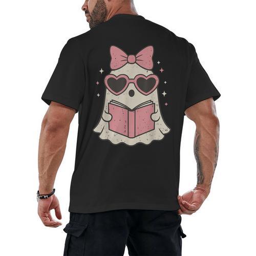 Ghost Reading Book Halloween Cat Lover Men's Back Print T-Shirt - Bookorys AU