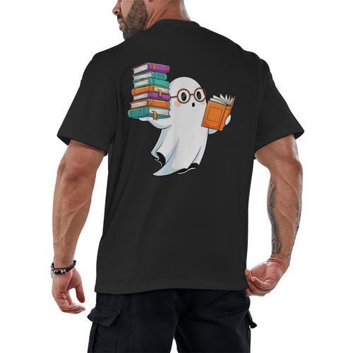 Ghost Reading Books Halloween Library Men's Back Print T-Shirt - Bookorys CA