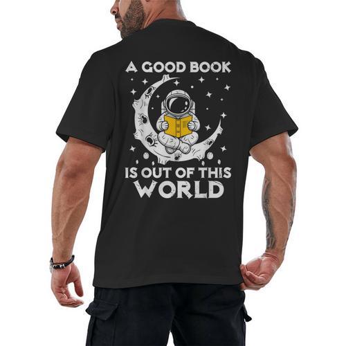 Good Book Is Out Of This World Astronaut Moon Space Reading Men's Back Print T-Shirt - Bookorys
