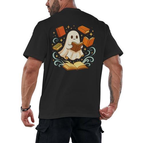 Halloween Cute Ghost Shirt Reading Books Ghost Men's Back Print T-Shirt - Bookorys DE